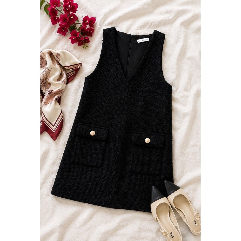 MNG Mango Black Tweed Shift Dress Medium Gold Buttons